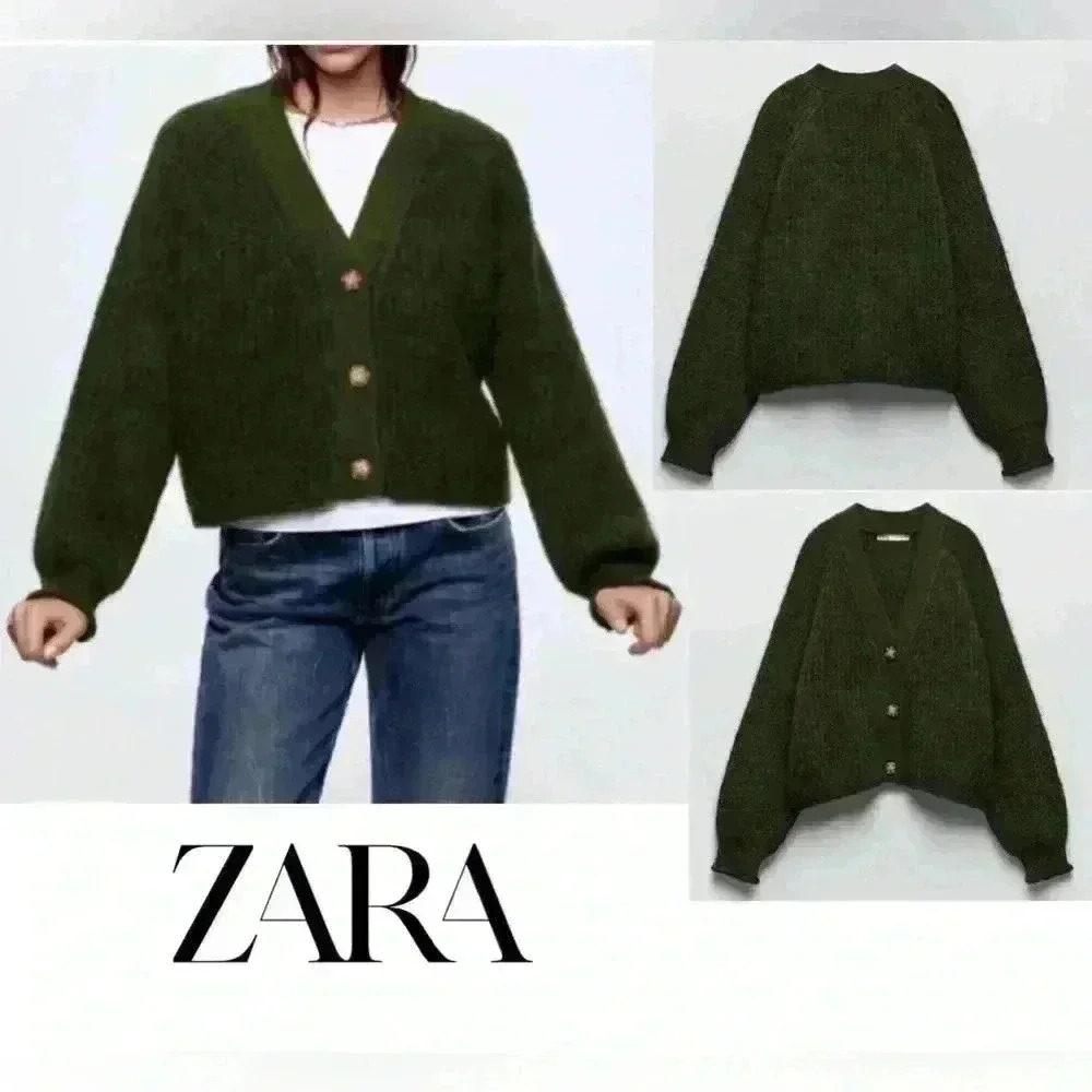 Zara Purl Knit Button Front Alpaca Wool Dark Green Oversized Cardigan size S